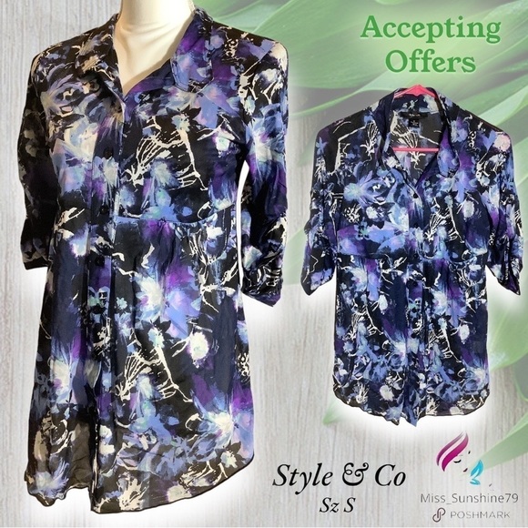 Style & Co - Sz S - 100% nylon 3/4 arm button up top floral pattern transparent - Picture 1 of 8